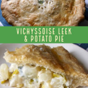 Whole and slice of veggie and potato filled pie.