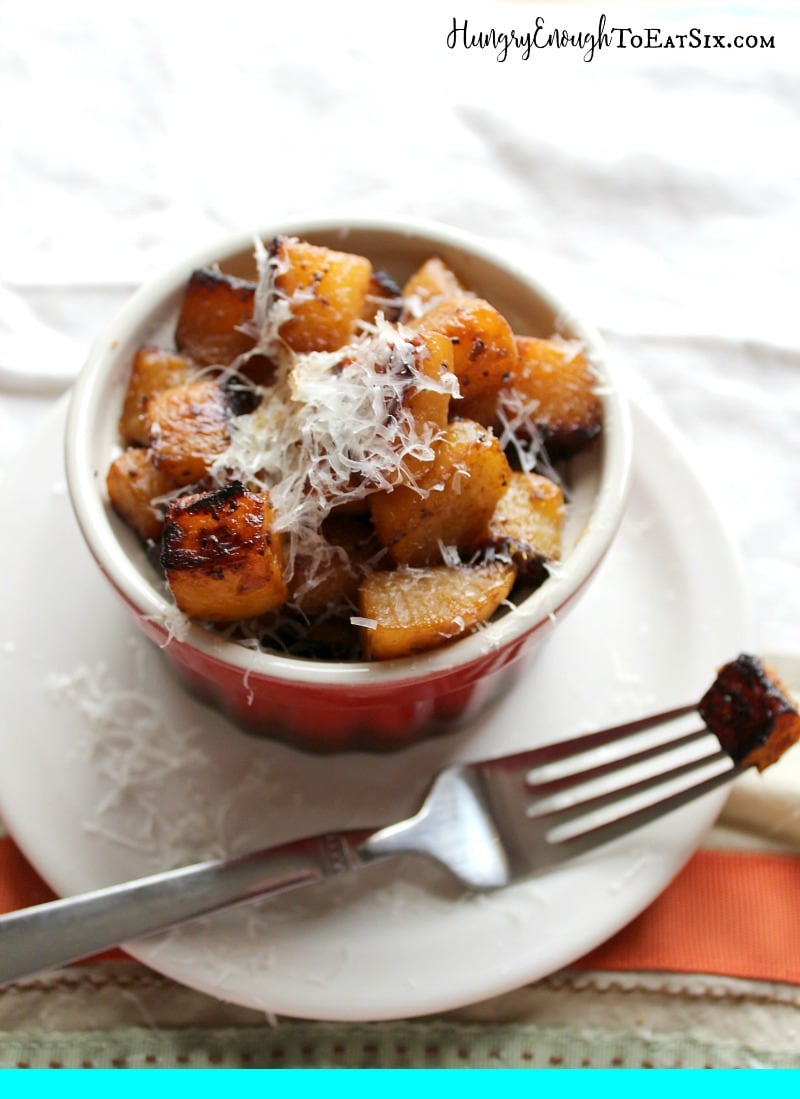 rutabaga home fries with a fork