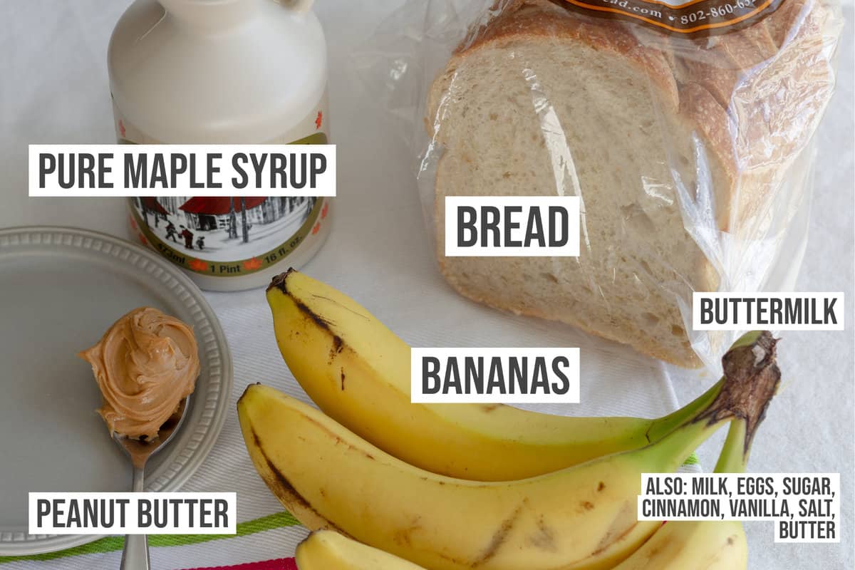 Ingredients: Syrup jug, peanut butter, bananas, and bread.