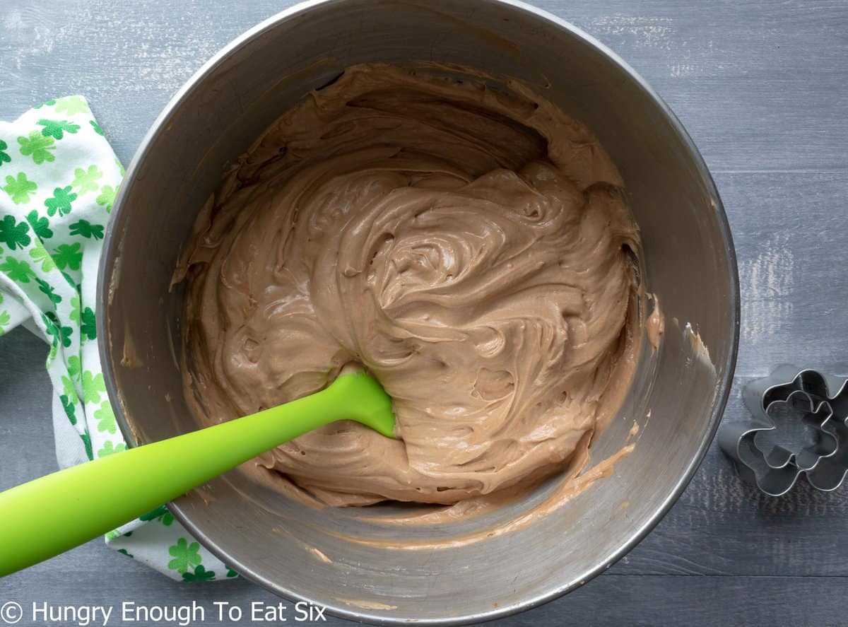 Creamy chocolate filling in a mixing bowl.