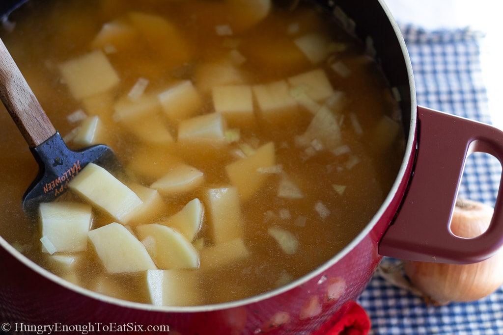 Cubes of potato in a broth