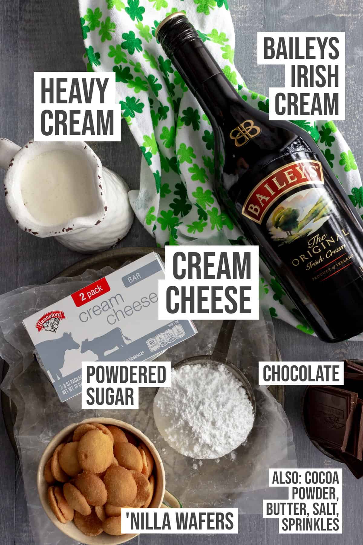 Ingredients: Cream, Baileys Irish Cream, cream cheese, chocolate, vanilla cookies, powdered sugar.