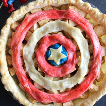 Apple pie with a blue, white, and red top crust.