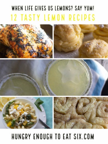 Collage of lemon recipes like lemon margarita, lemon rolls, and lemon chicken.