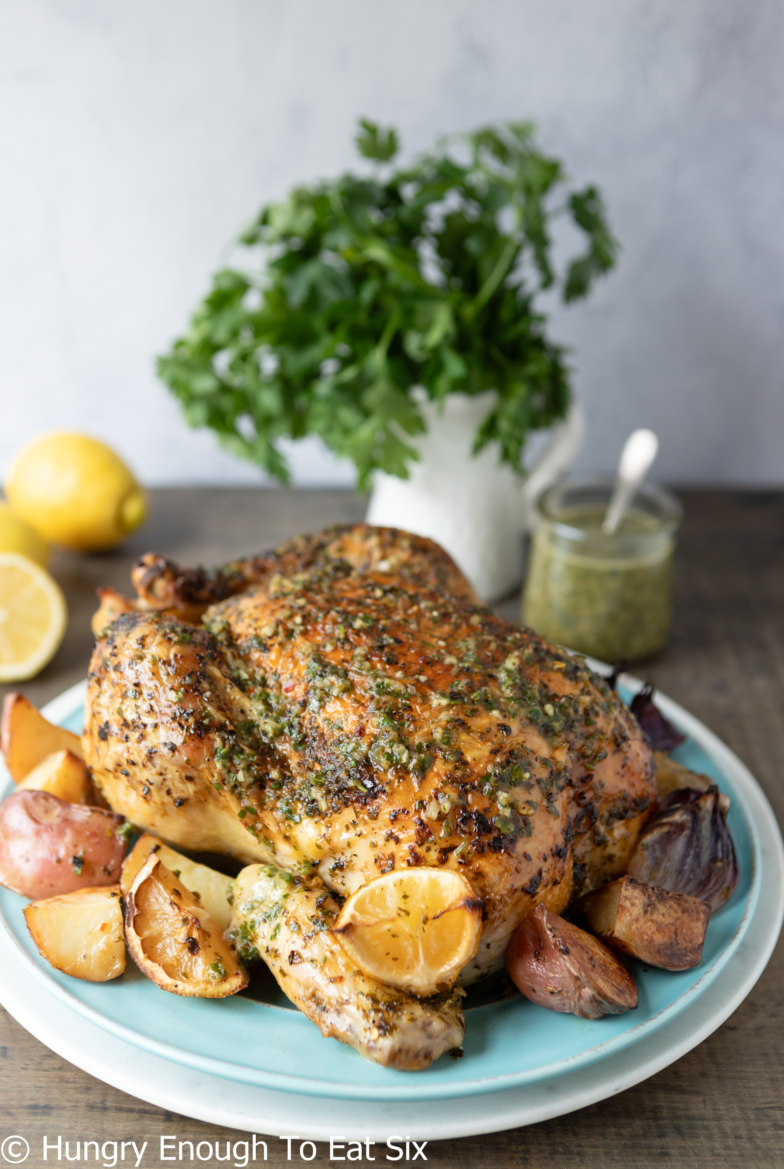 Roasted chicken on a plate with roasted lemons, potatoes, and onions.