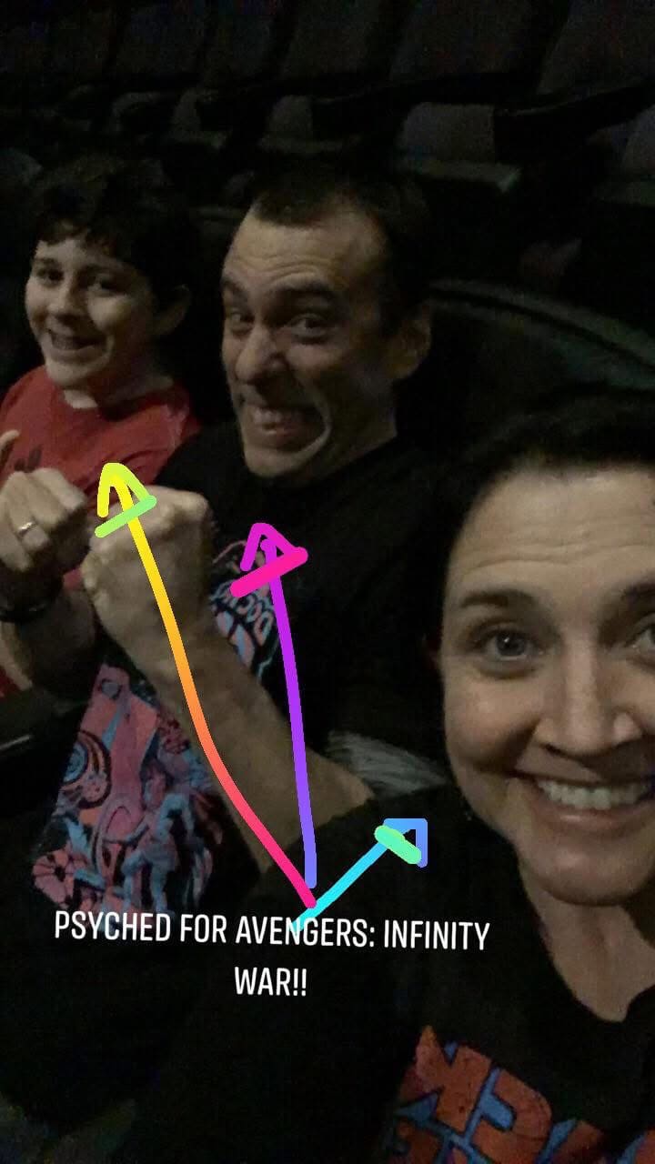 Family at movie theater, excited for Avengers inspired treats