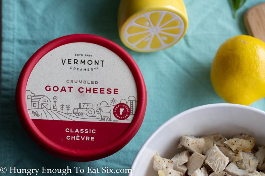 Container of Vermont Creamery goat cheese. 