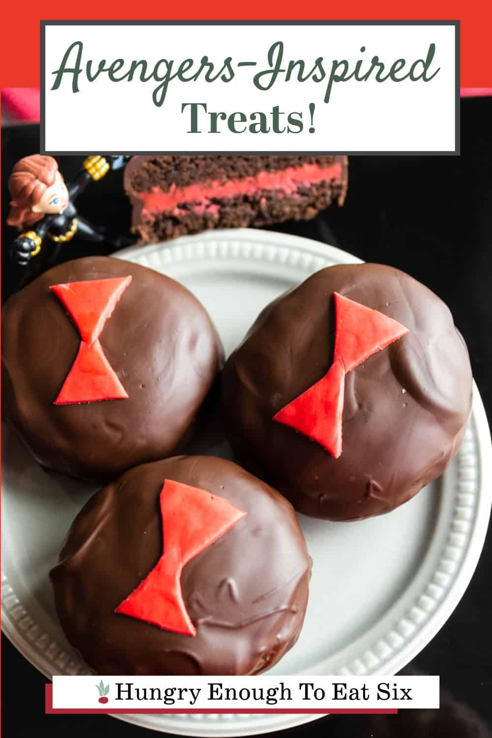 Plate of chocolate black widow cookies, Avengers-inspired treats.