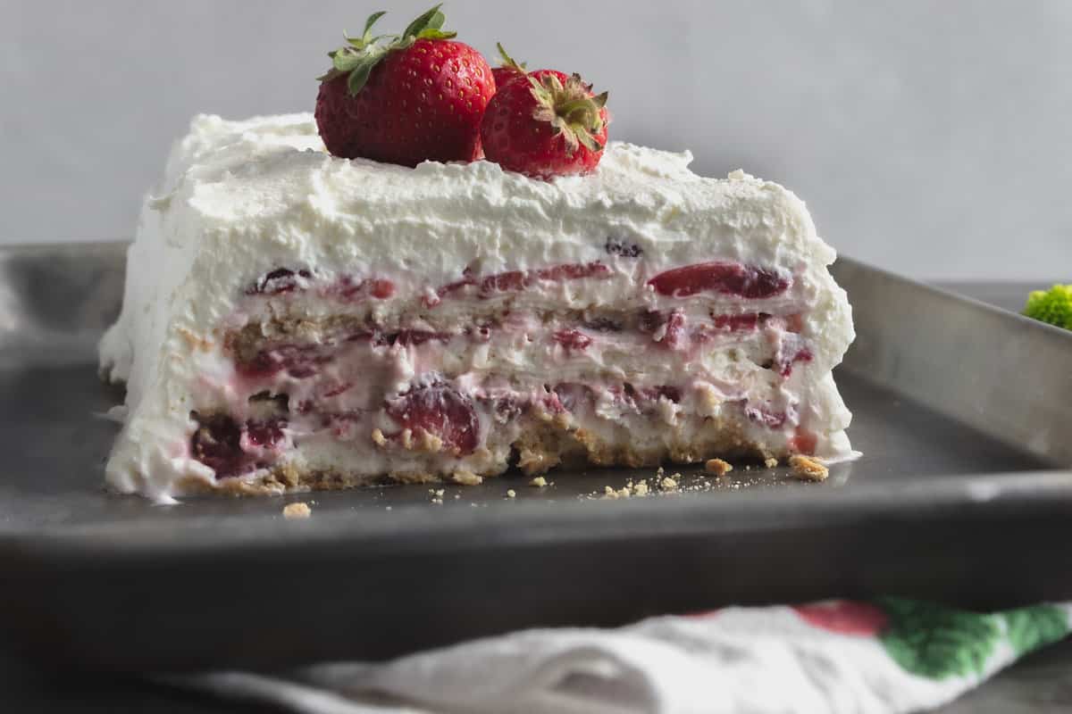 Inside of strawberry and cream icebox cake