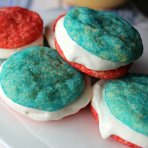 Red and blue ice cream sandwiches.