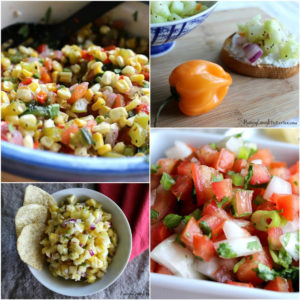 Four salsa varieties in a collage.