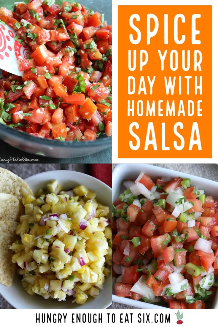 Three kinds of homemade salsas in a collage.