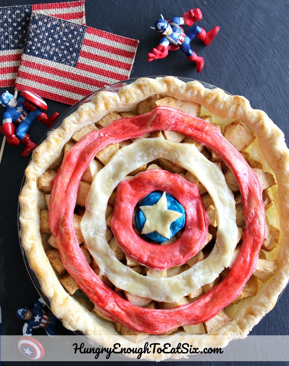 Pie topped with red white and blue Captain America shield.