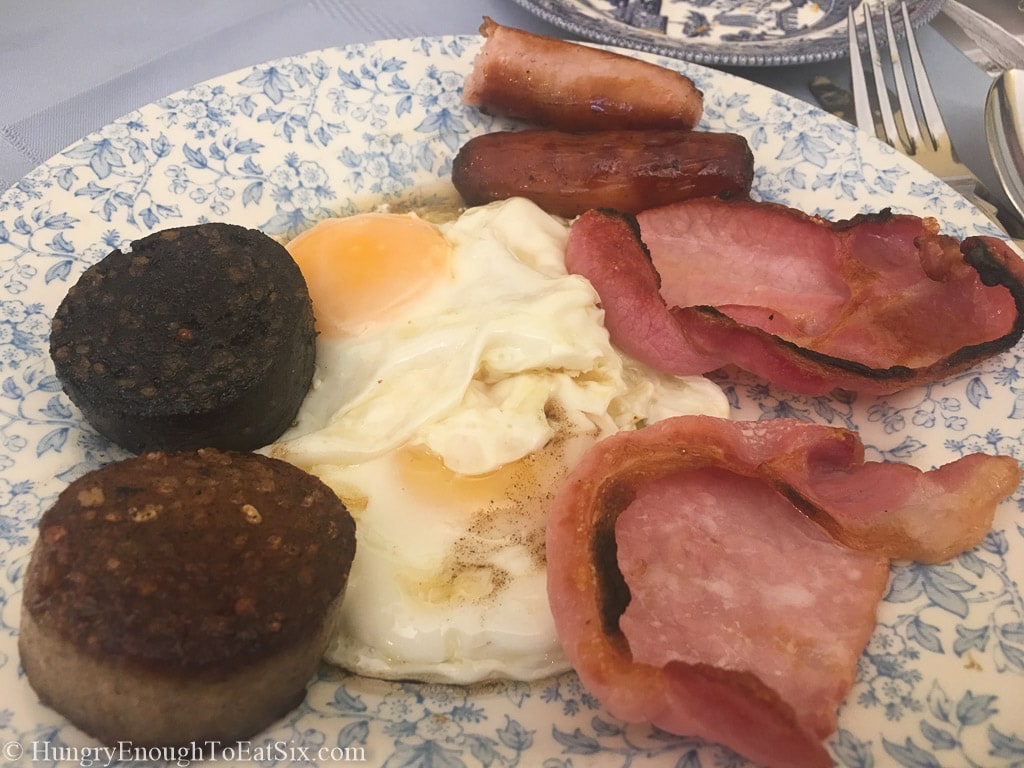 Eggs, black sausage and white sausage