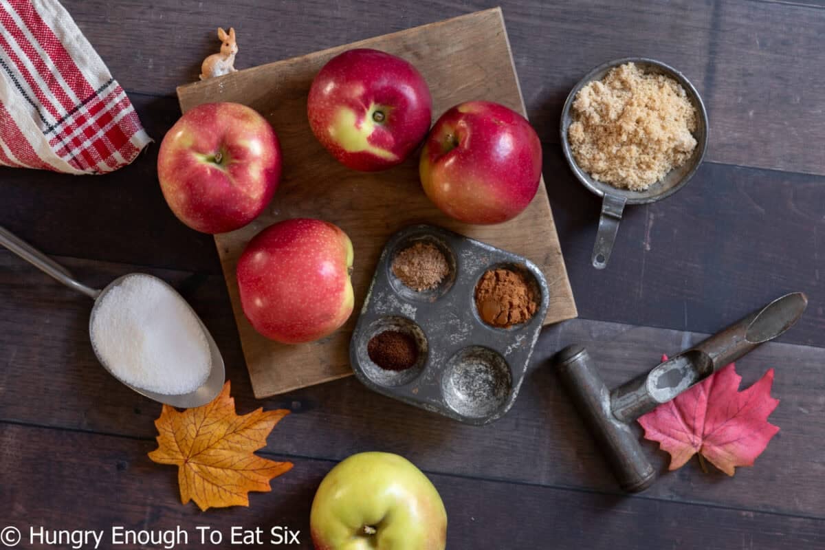 Homemade applesauce ingredients: apples, spices, sugar.