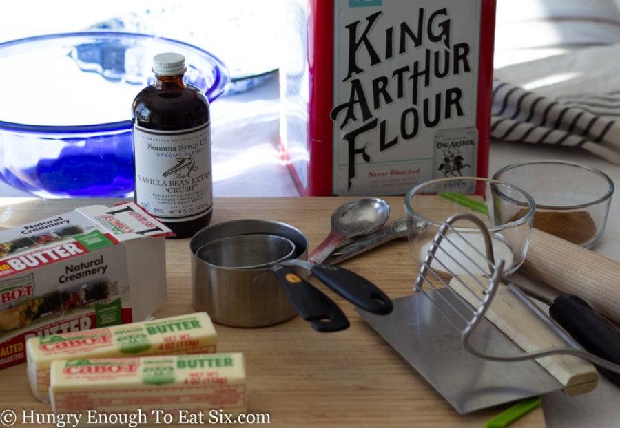 Ingredients and equipment to make pie crust dough