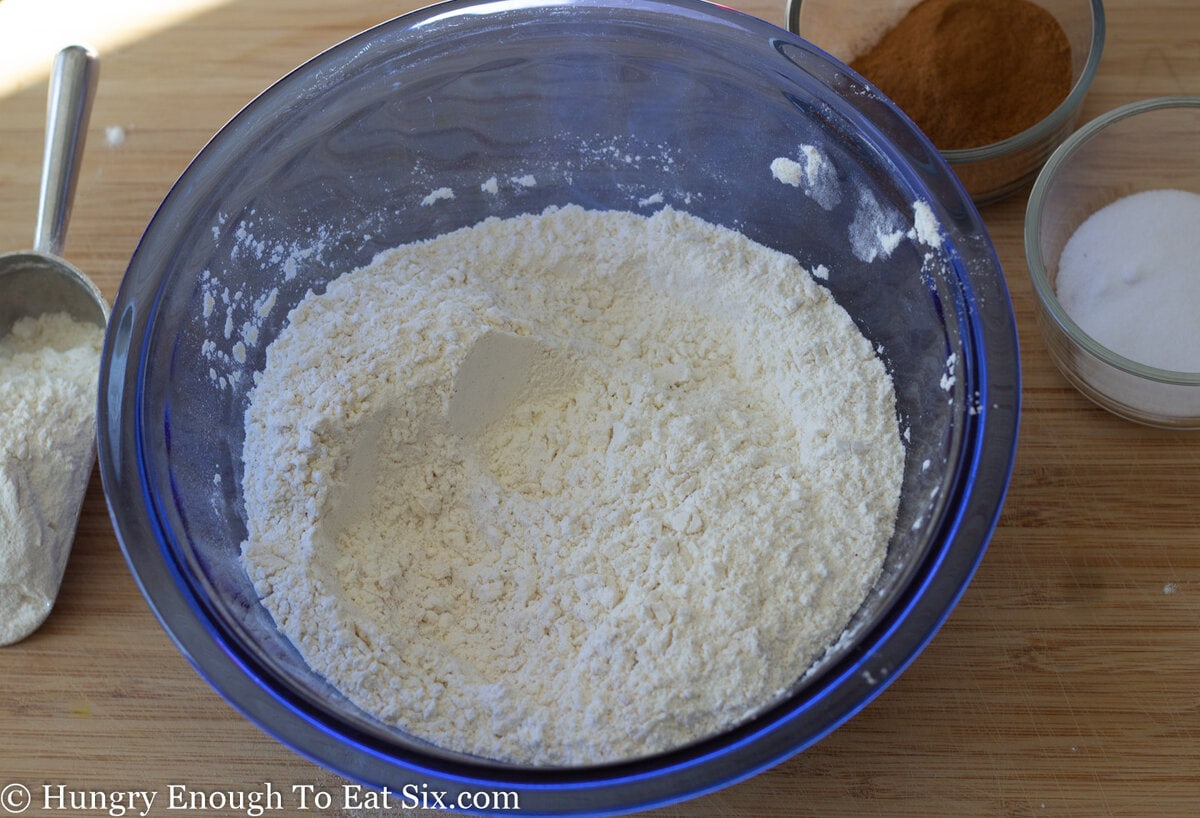 Flour mixture in a blue bowl