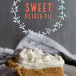 Graphics over photo of sweet potato pie