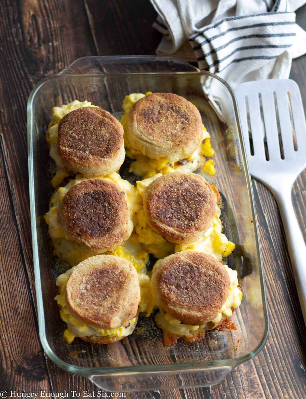 Baked breakfast sandwiches on English muffins.