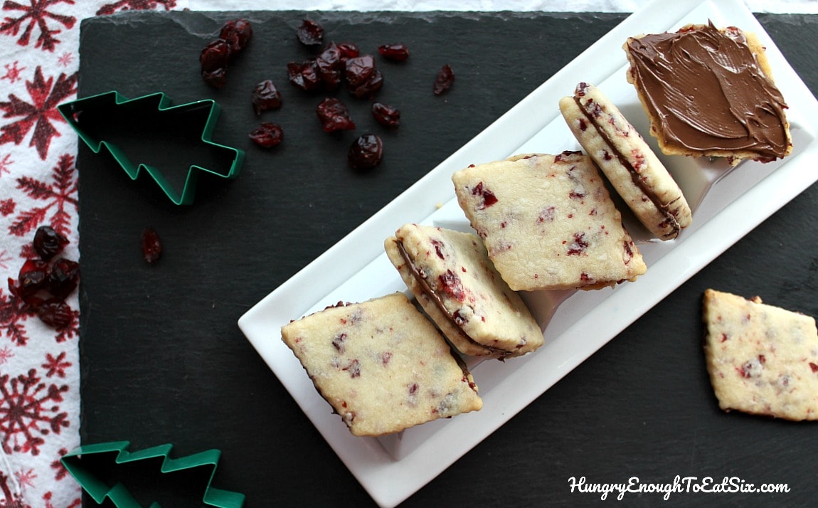 Cranberry butter cookies sandwiched with chocolate filling