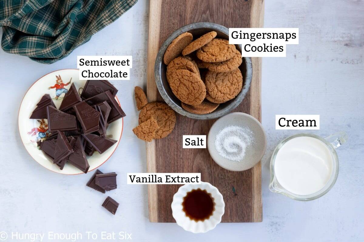 Ginger cookie chocolate truffle ingredients: chocolate, ginger cookies, salt, vanilla extract and cream.