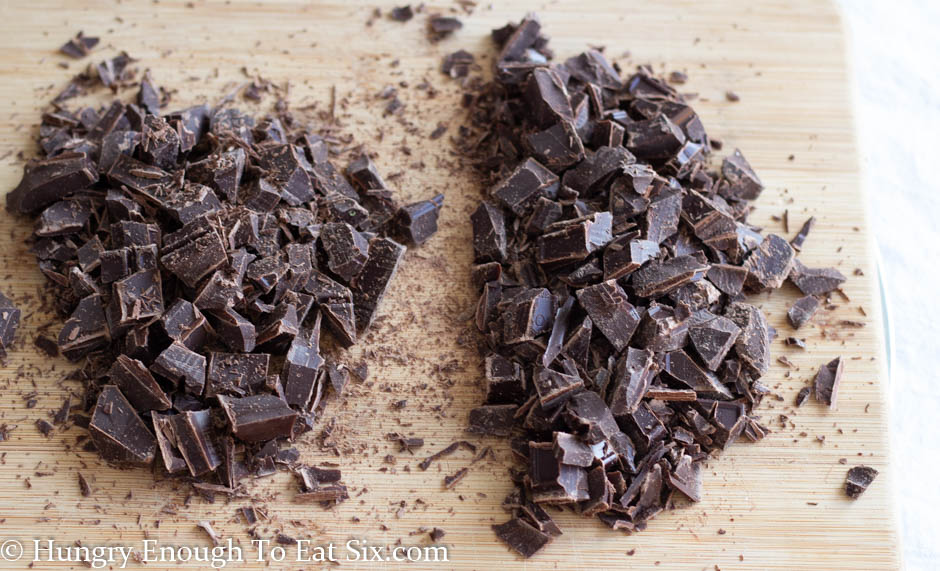 Two piles of chopped chocolate