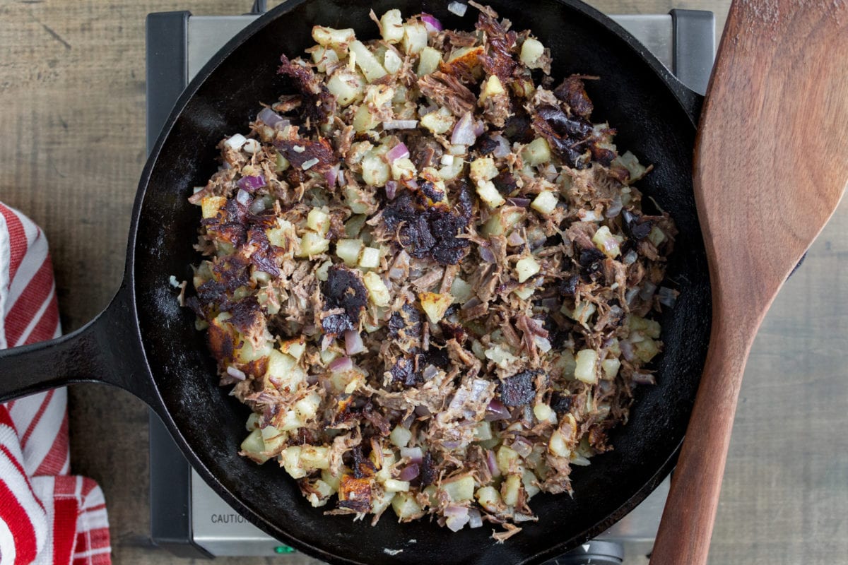 Browned hash in a skillet