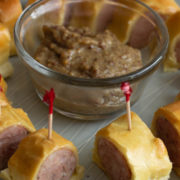 Mustard in bowl with slices of sausage and pastry around it.