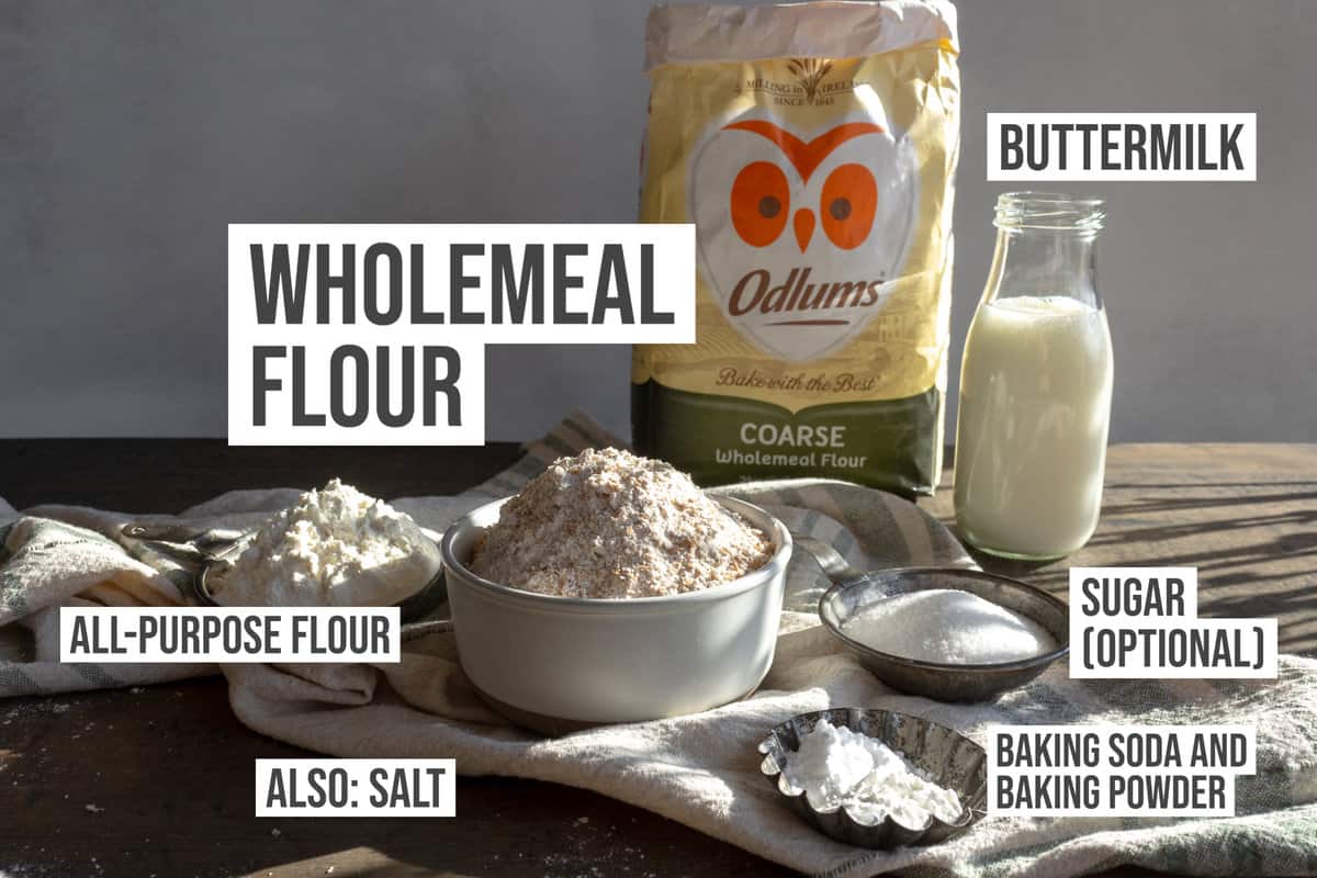 Ingredients: flour, wheat flour, baking powder, baking soda, buttermilk, and sugar.