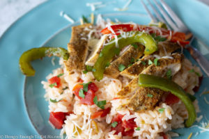 Jasmine rice cooked with diced tomatoes, bell pepper strips and chicken breast.