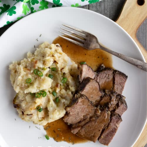 Mashed potato colcannon with beef and gravy.