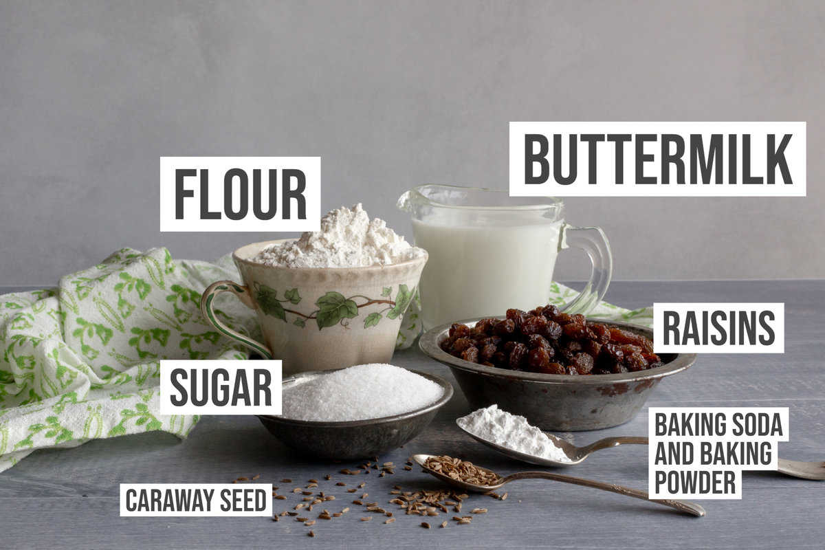 Ingredients: flour, raisins, sugar, baking soda, and milk.