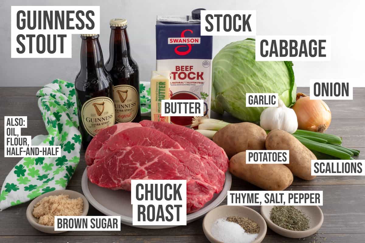 Ingredients: stock, beer, beef roast, cabbage, potatoes, garlic, brown sugar, salt, pepper, scallions.