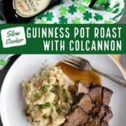 Colcannon with roast beef and gravy, and bottle of Guinness.
