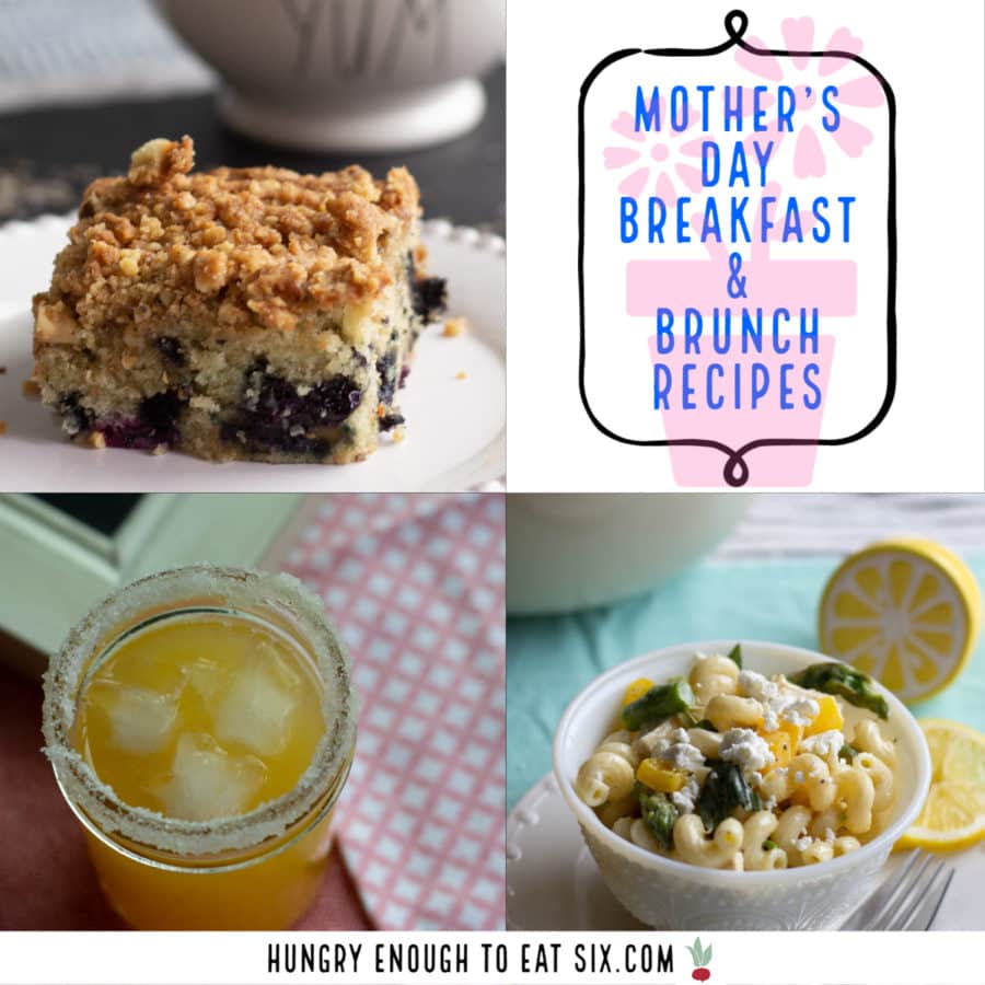 Collage of mother's day recipe ideas like a margarita and coffee cake.