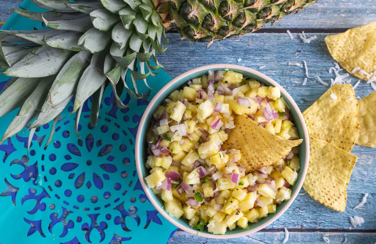 Bowl of yellow pineapple salsa