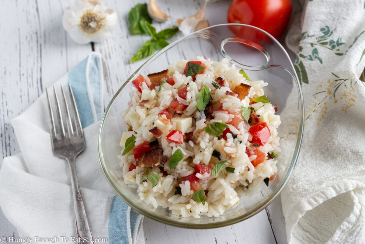 Rice salad with basil in a glass dish
