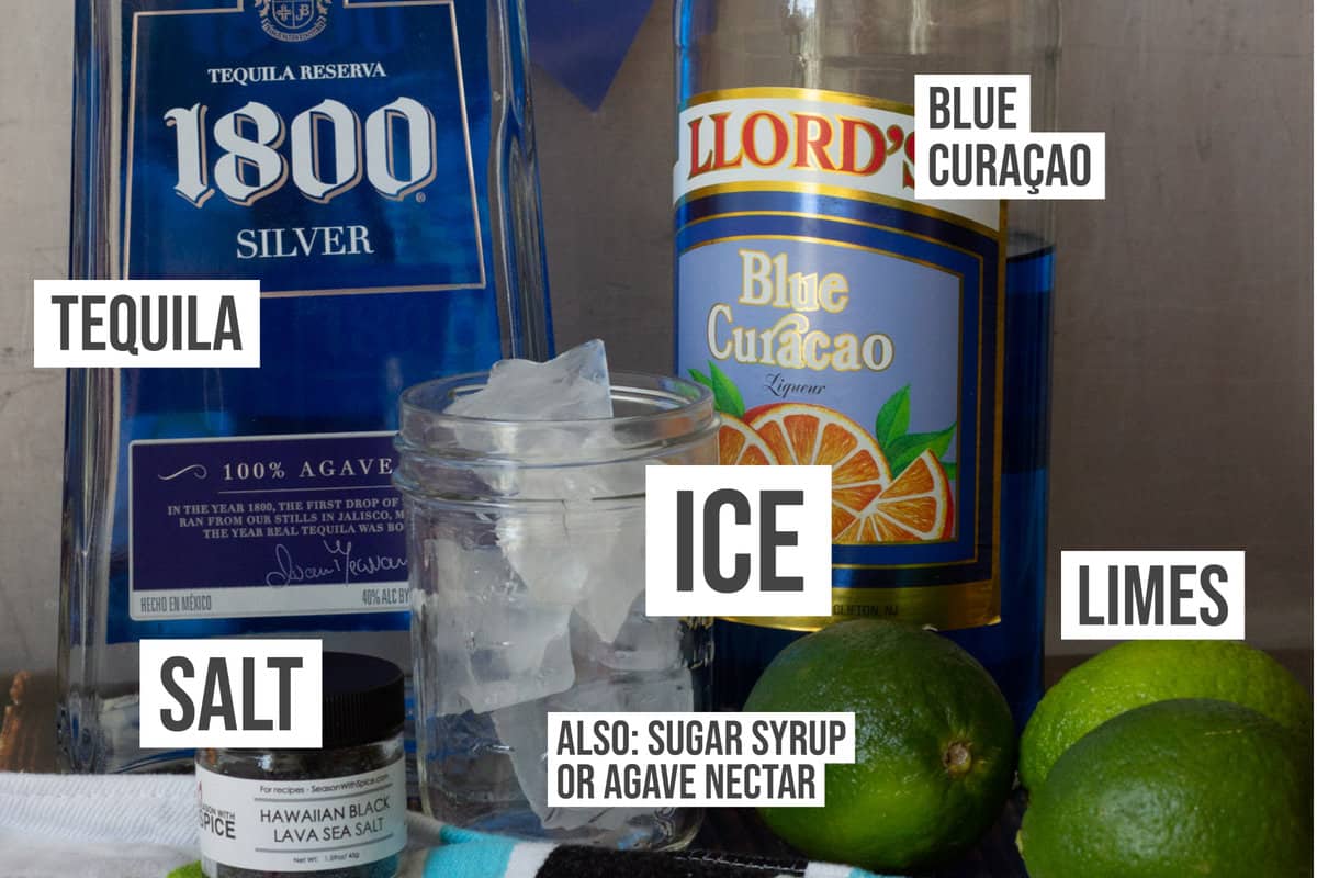 Ingredients: tequila, blue curacao, salt, ice, limes.