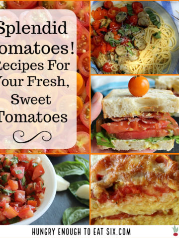 Collage of tomato recipes like a BLT, a tomato strata and tomatoes over pasta.
