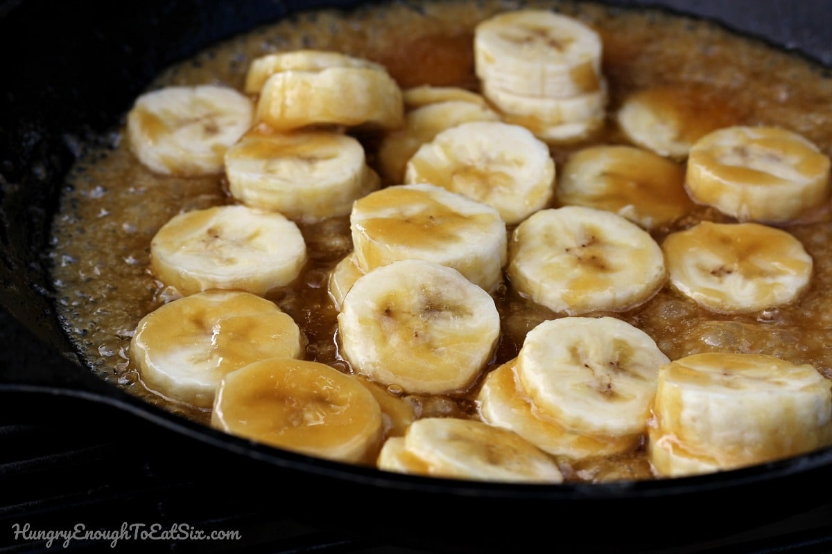 Skillet with caramel sauce and bananas
