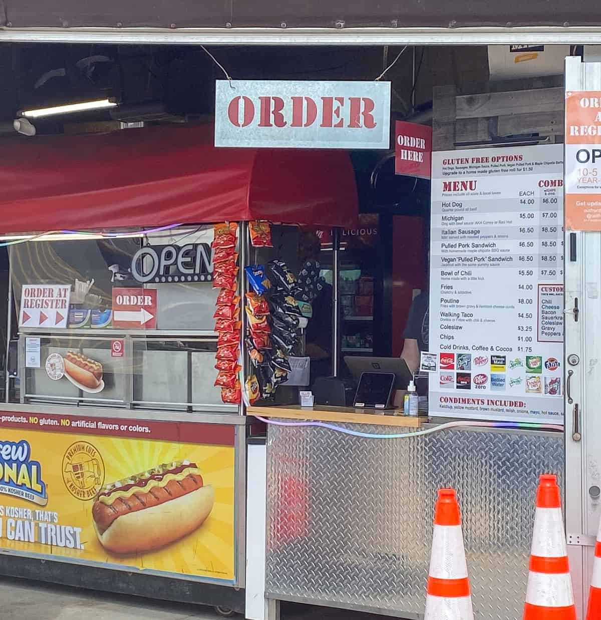 Order counter of a hot dog stand.