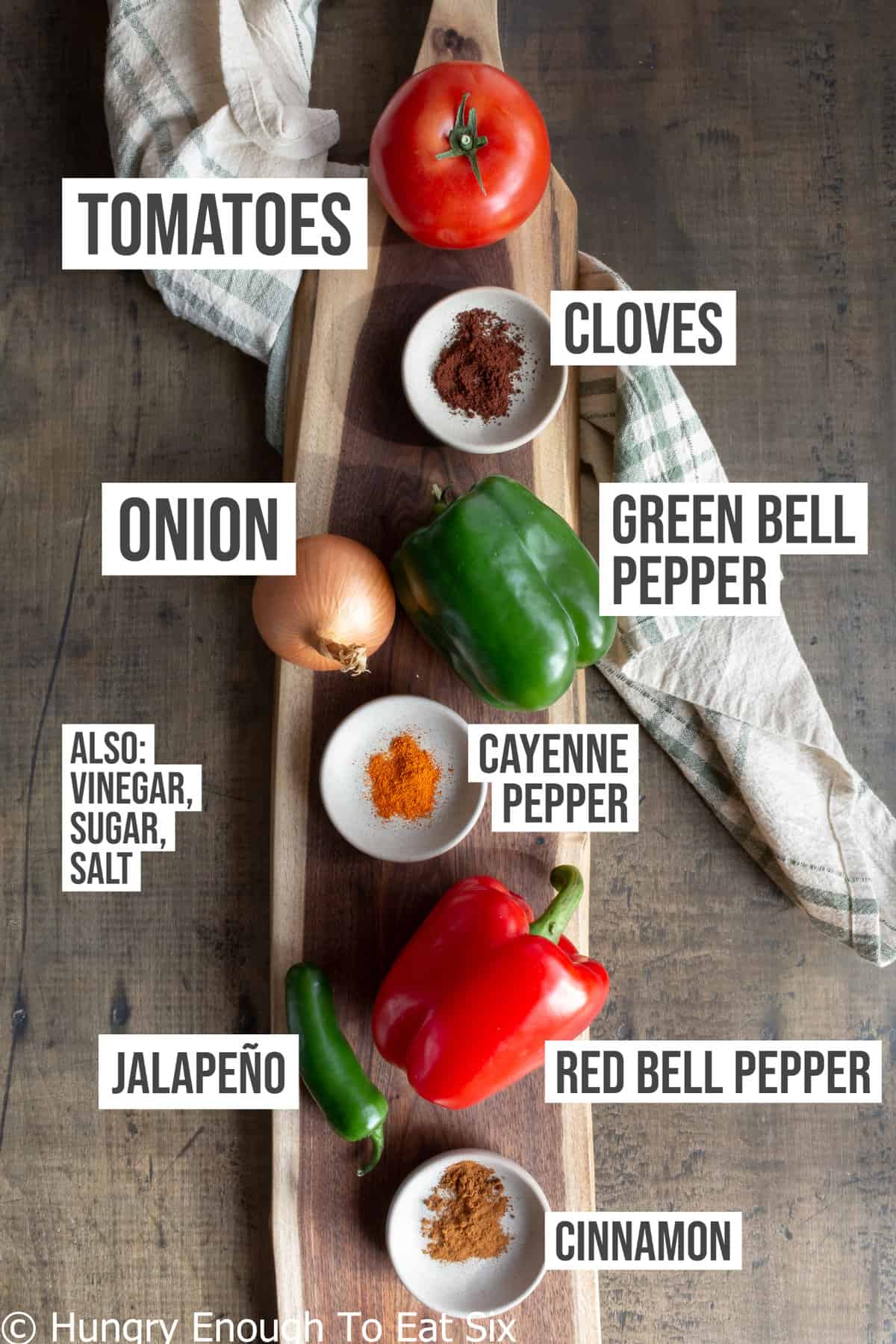 Ingredients: Peppers, tomatoes, onion, cinnamon, cloves, cayenne, jalapeno.