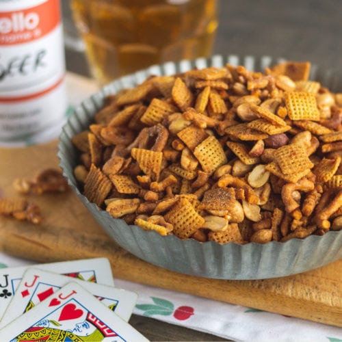 Snack mix near cards and beer