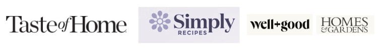 Black and white logos for Taste of Home, Well and Good, Homes and Gardens, and Simply Recipes.