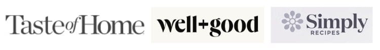 Black and white logos for  Taste of Home, Well and Good, and Simply Recipes.