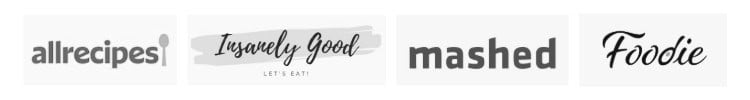 Black and white logos for Mashed, Insanely Good Recipes, Foodie, and AllRecipes.