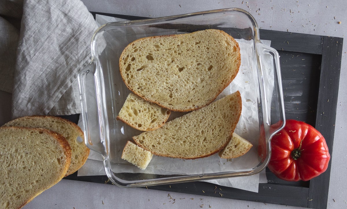 Bread pieces fit in a baking dish