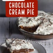 Cream-topped chocolate pudding pie with slice out.