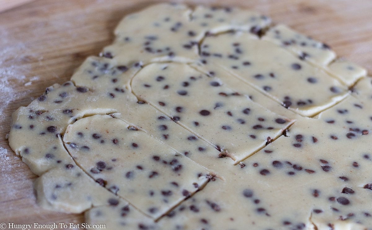 Chocolate chip studded cookie dough rolled out flat