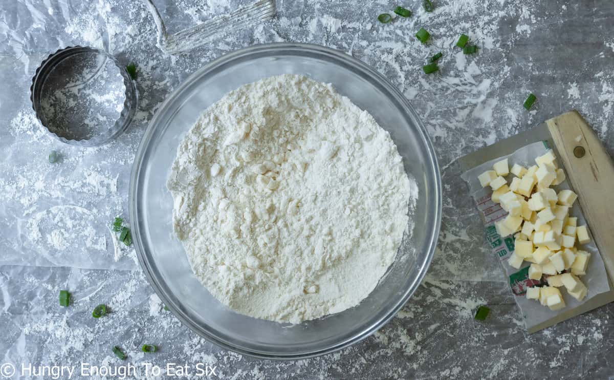 Flour and dry ingredients in a bowl.